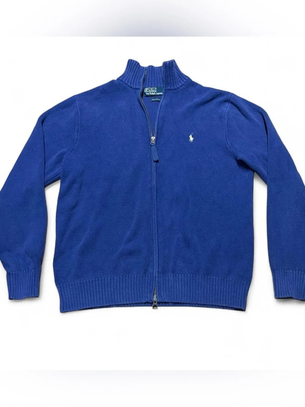 Polo Ralph Lauren Mens Navy Blue Full Zip Cotton Sweater Mock Neck Ribbed Pony L